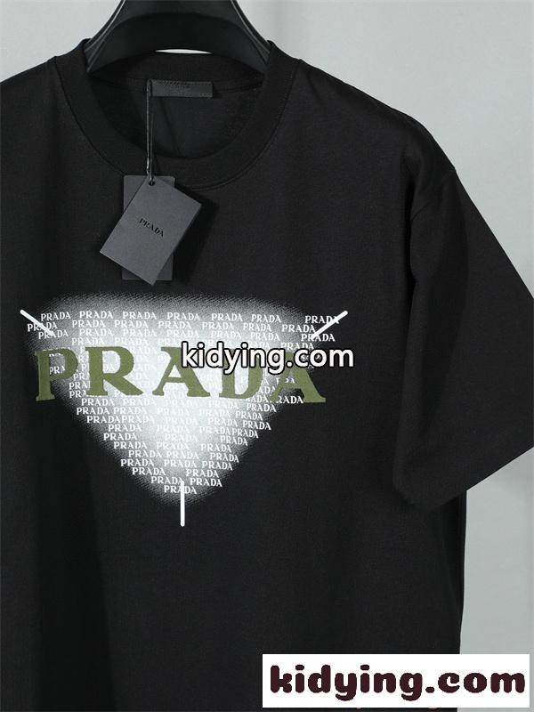シンプル半袖 PRADA コピー Ｔシャツ ホワイト ブルー配色 プラダ 上品 カジュアル 夏コーデ 爽やか 夏向け 軽やか-2