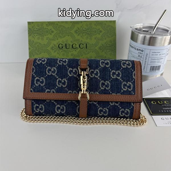 GUCCI スーパーコピー チェーンウォレット GGデニム ブラウンレザー ホースビット モダン 洗練 グッチ-0