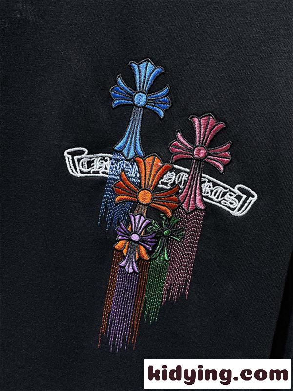 ホワイト 半袖Tシャツ Chrome Hearts クロムハーツ コピー マルチカラークロスロゴ バックデザイン 丸首 リラックスフィット ブラック-4
