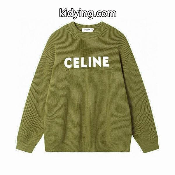 セリーヌ CELINE スーパーコピー柔らかな風合いが魅力の カーキ ロゴ刺繍 クルーネック ニット セーター-0