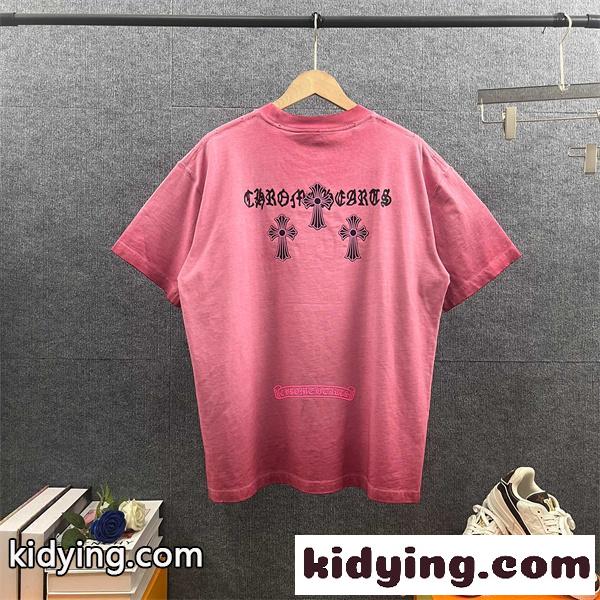 ピンク 半袖Tシャツ ネックロゴ クロスモチーフ バックプリント 甘辛ストリート クロムハーツ コピー Chrome Hearts-1