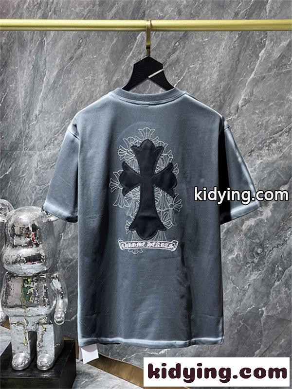 ブラック 半袖Tシャツ Chrome Hearts グレークロスバックプリント クロムハーツ コピー 胸元クロスロゴ クルーネック ゆったりシルエット-5