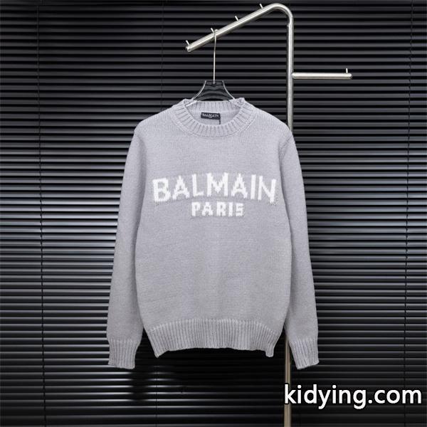 グレー 大ロゴ ニットセーター バルマン BALMAIN スーパーコピー 秋冬日常シンプル定番-0