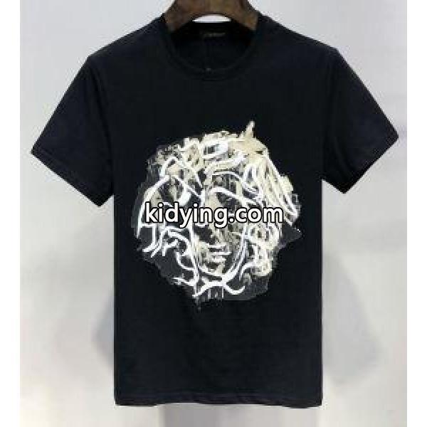 限定セール最新作アメカジ系ロゴプリント半袖tシャツVERSACEヴェルサーチ 通販男性用かっこいいブラックホワイト-1