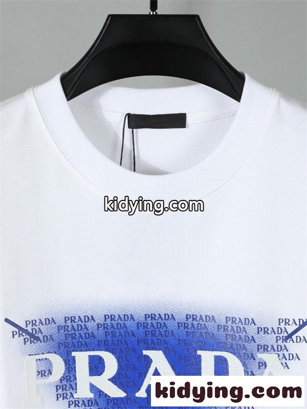 シンプル半袖 PRADA コピー Ｔシャツ ホワイト ブルー配色 プラダ 上品 カジュアル 夏コーデ 爽やか 夏向け 軽やか-8