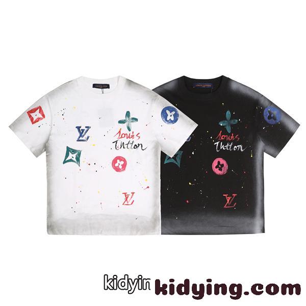 ペイントスプラッシュ 半袖Tシャツ Louis Vuitton マルチカラーLVプリント ルイヴィトン コピー ブラック ホワイト クルーネック-4