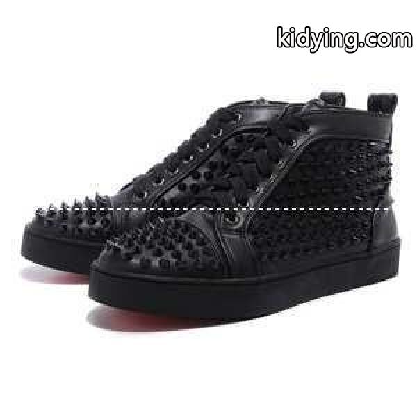 大好評ルブタンルイスフラットスパイクスハイカットレザースニーカーブラック Louis Spikes Flat-0