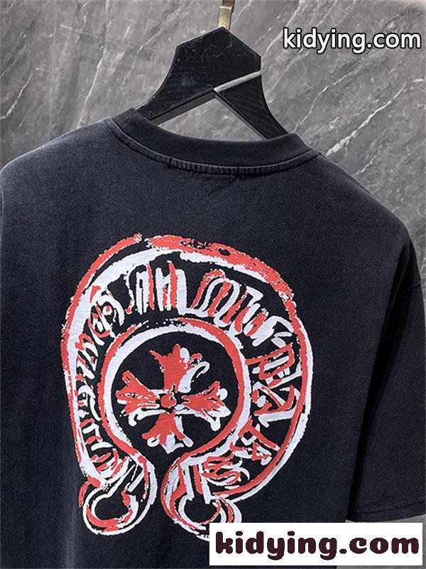 ブラック 半袖Tシャツ Chrome Hearts ピンクサークル胸ロゴ クロムハーツ コピー クルーネック ワンポイントデザイン ゆったりシルエット-5