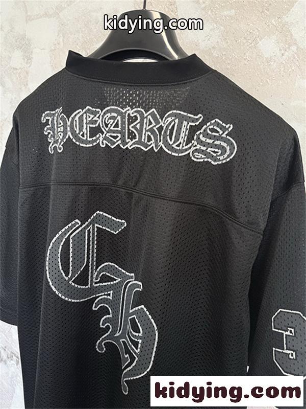 ブラック メッシュゲームシャツ Chrome Hearts クロムハーツ コピー ゴシックロゴ Vネック 半袖 ナンバープリント ゆったりシルエット-7