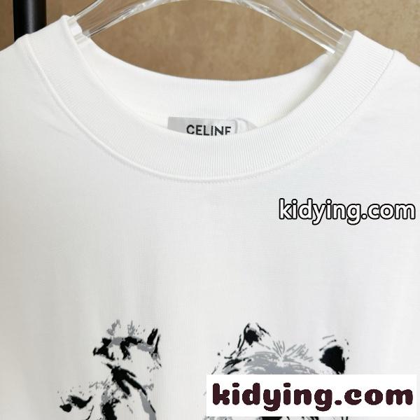 CELINE セリーヌ 2026新作 ドッグプリント 半袖Tシャツ オーバーサイズ コットン クルーネック 人気-1