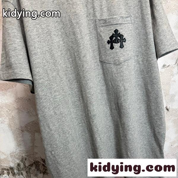 2026新作 CHROME HEARTS コピー クロムハーツ ポケットロゴ 半袖Tシャツ メンズ クルーネック グレー ミニマル ストリート カジュアル-2