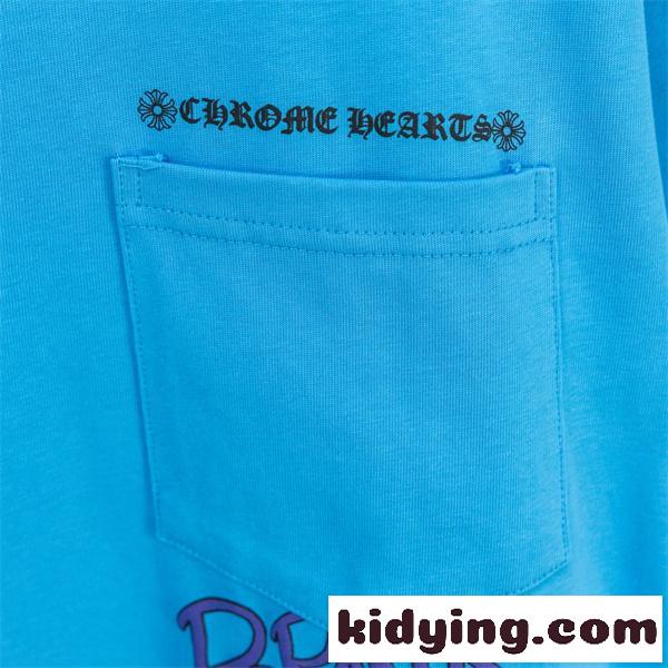 CHROME HEARTS クロムハーツ コピー メンズ 半袖Tシャツ ポケット付き ロゴプリント クルーネック ブルー-5