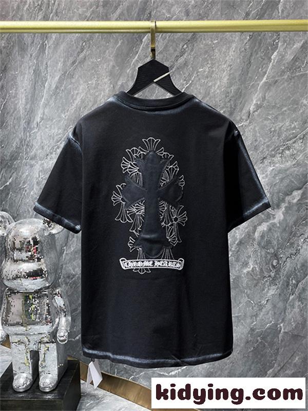 ブラック 半袖Tシャツ Chrome Hearts グレークロスバックプリント クロムハーツ コピー 胸元クロスロゴ クルーネック ゆったりシルエット-3