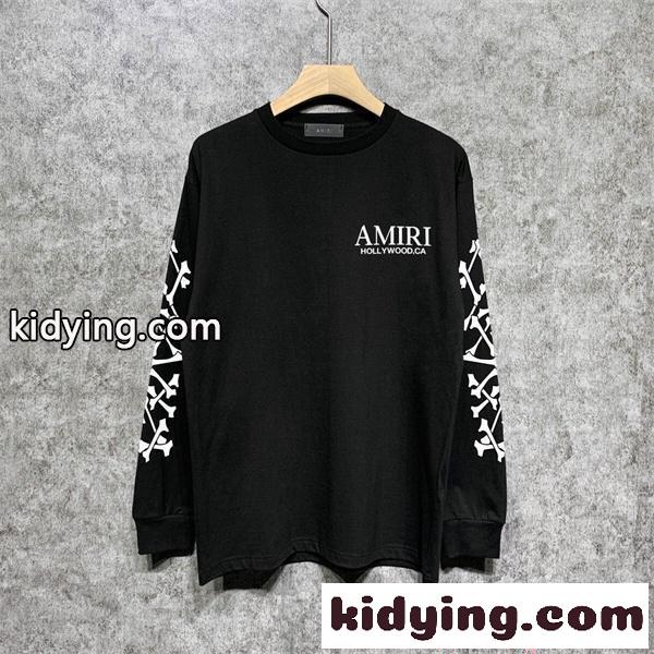アミリ AMIRI コピー BONES STACKED ロンT メンズ 長袖Tシャツ 骨プリント スリーブロゴ ブラック ストリート オーバーサイズ-1