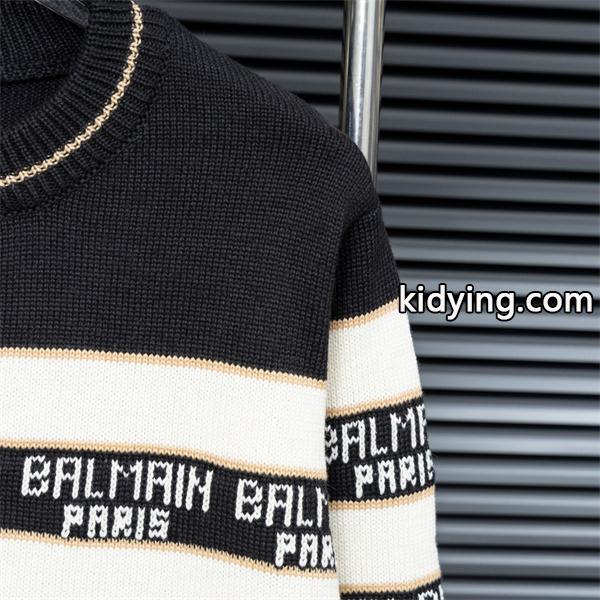 BALMAIN 偽物 秋冬ブランド 上質 ブラック × ホワイト ストライプ满印ロゴ ニットセーター バルマン-3
