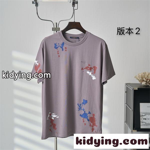 モーブグレー 半袖Tシャツ Louis Vuitton ルイヴィトン コピー ペイントスプラッシュ柄 クルーネック アートプリント ゆったりシルエット-0