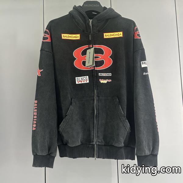 スタイリッシュ☆バレンシアガジップアップコピーBALENCIAGA SPONSOR LOGOS LARGE ZIP-UP HOODIE IN BLACK FADED-0