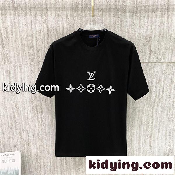 ルイヴィトン コピー 半袖Tシャツ メンズ レディース クルーネック 刺繍ロゴ フラワーモチーフ ブラック ホワイト ユニセックス カジュアル 新作 LOUIS VUITTON-0