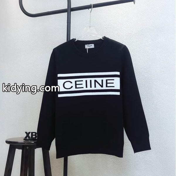 CELINE セリーヌ 偽物 2025秋冬 ブラック×ホワイト ボーダーロゴ ニット セーター 人気急上昇アイテム-0