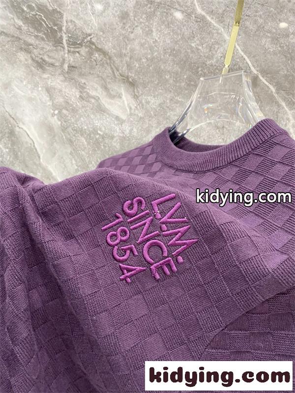 パープル 半袖ニットTシャツ Louis Vuitton ダミエ調編み柄 ルイヴィトン コピー 胸元ロゴ刺繍 クルーネック リブ襟-4