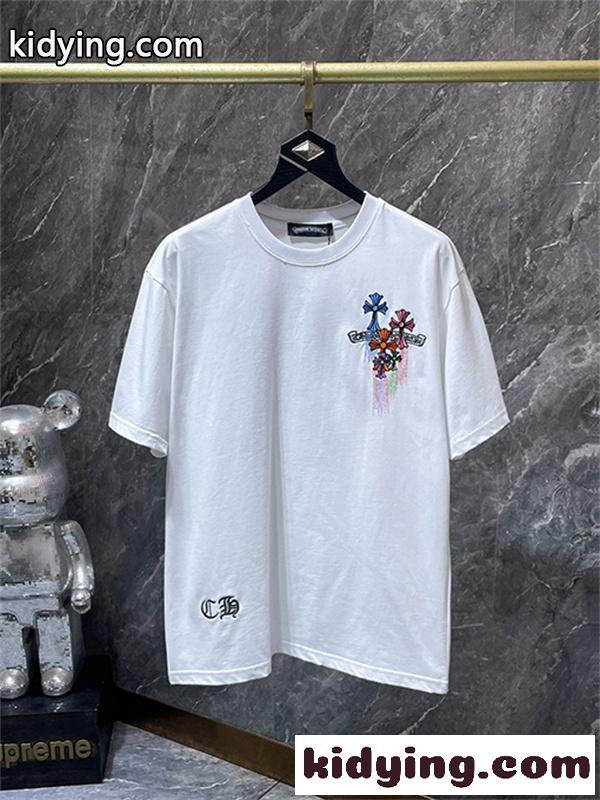 ホワイト 半袖Tシャツ Chrome Hearts クロムハーツ コピー マルチカラークロスロゴ バックデザイン 丸首 リラックスフィット ブラック-7