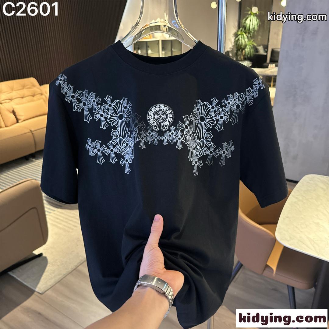 クロムハーツ コピー 半袖 Tシャツ ブラック ホワイト クロス刺繍ロゴ フラワーモチーフ ストリートファッション メンズ Louis Vuitton-2