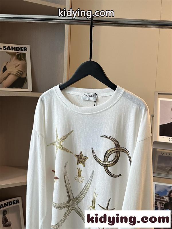 CHANEL 激安 ホワイト ロングスリーブ シャネル 海モチーフ キラキラ ビジューデザイン 偽物-5