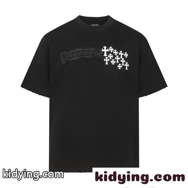 クロムハーツ コピー Chrome Hearts 26SS 半袖Tシャツ ブラック クロス刺繍 高密度320g 厚手生地 ダメージ加工 ヴィンテージ仕上げ 高級ストリート ユニセックス-1
