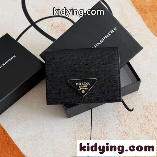 PRADA コピーサフィアーノレザー 二つ折り財布 ブラック コンパクト 高級感 プラダ ミニマルエレガンス-0