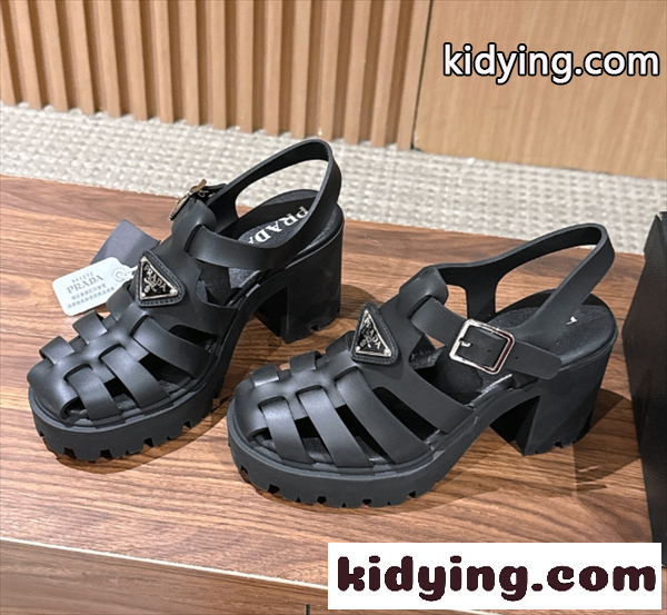 Prada 26ss プラダサンダルコピー 編み上げデザインのローマ厚底サンダル黒色上質9㎝高さ-0