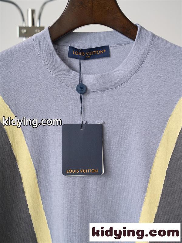 撞色ニット ルイ・ヴィトン スーパーコピー 半袖Tシャツ 立体LVロゴ 浮き彫りデザイン グレー ブルー クリーム 夏 上品 Louis Vuitton-7