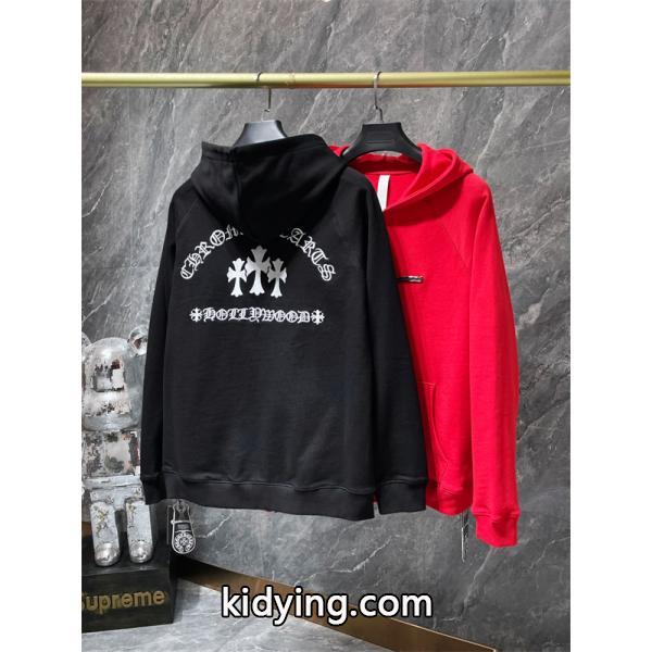 クロムハーツ コピー Chrome Hearts パーカー 話題 ブラック × レッド インパクト十字ロゴ トレンド 秋冬注目新作-5