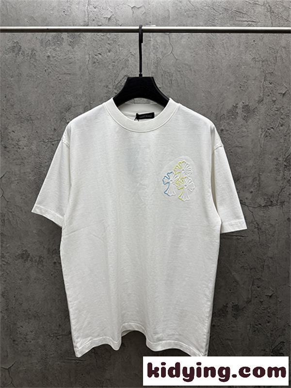 ブラック 半袖Tシャツ Chrome Hearts クロムハーツ コピー マルチカラークロス刺繍風 胸元ワンポイント クルーネック ゆったりシルエット-6
