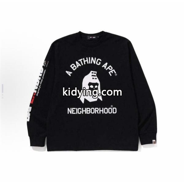 ベイプ BAPE コピー 秋冬 高品質 ホワイト ネイバーフッド コラボ スカル猿人头 長袖 T シャツ-6