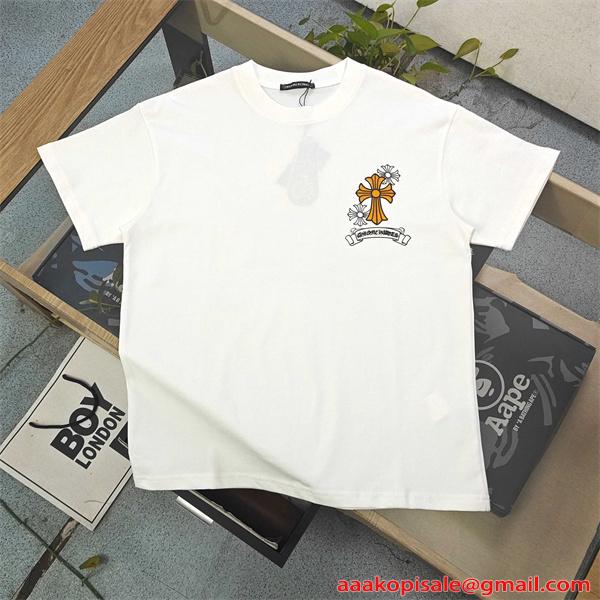 クロムハーツ コピー 半袖Tシャツ Chrome Hearts クロスフラワー ロゴプリント ホワイト ブラック バックデザイン クルーネック カジュアル ストリート-0