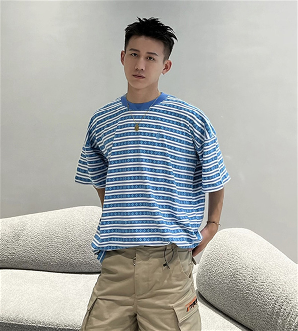 ブルー ホワイト ボーダー半袖Tシャツ クルーネック 細ピッチライン ゆったりシルエット カジュアルトップス-4