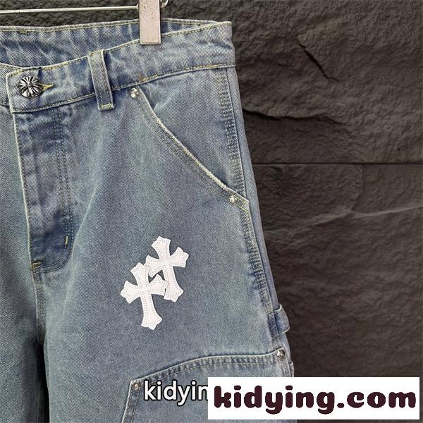 ライトブルー デニムショーツ Chrome Hearts クロムハーツ コピー ブラッククロスワッペン ウォッシュ加工 ハーフパンツ ワイドシルエット-7
