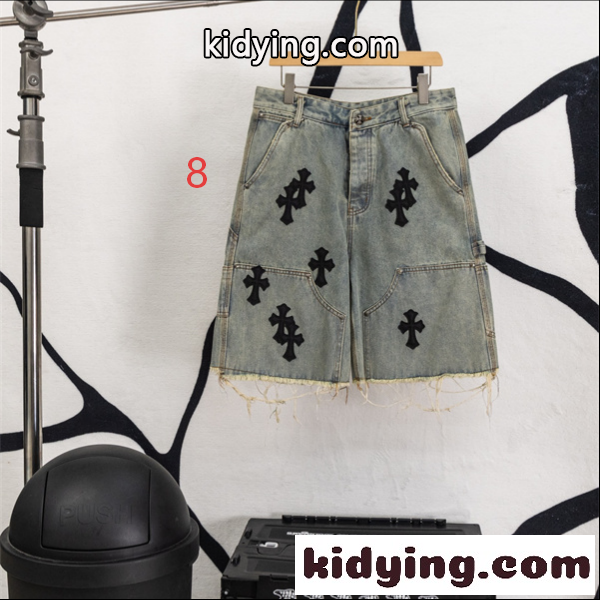 ブラックデニム ショートパンツ Chrome Hearts クロスパッチ装飾 クロムハーツ コピー カットオフ裾 レッドホワイト ワイドポケット-7