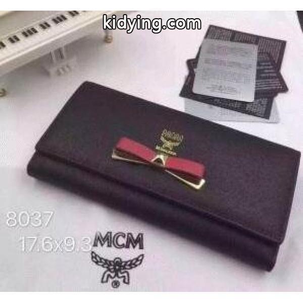 可愛いエムシーエム財布MCM三つ折り長財布リボンロゴ付きレザーウォレットプレゼント-0