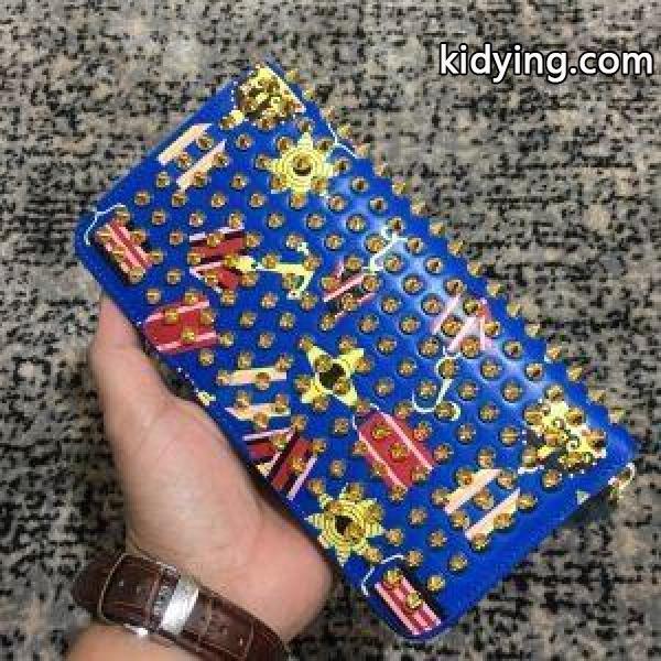海外セレブ定番愛用Christian Louboutinクリスチャンルブタン激安男女兼用ブルー本革スパイク長財布スラウンドファスナー-0