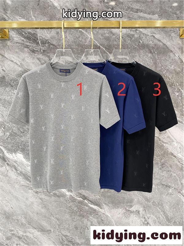 グレー 半袖ニットTシャツ Louis Vuitton LV総柄 ルイヴィトン コピー ワンポイントロゴ クルーネック リブ襟-7