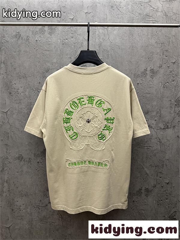 クリームベージュ 半袖Tシャツ Chrome Hearts クロムハーツ コピー 胸元グリーンサークルロゴ クルーネック ワンポイントデザイン-2