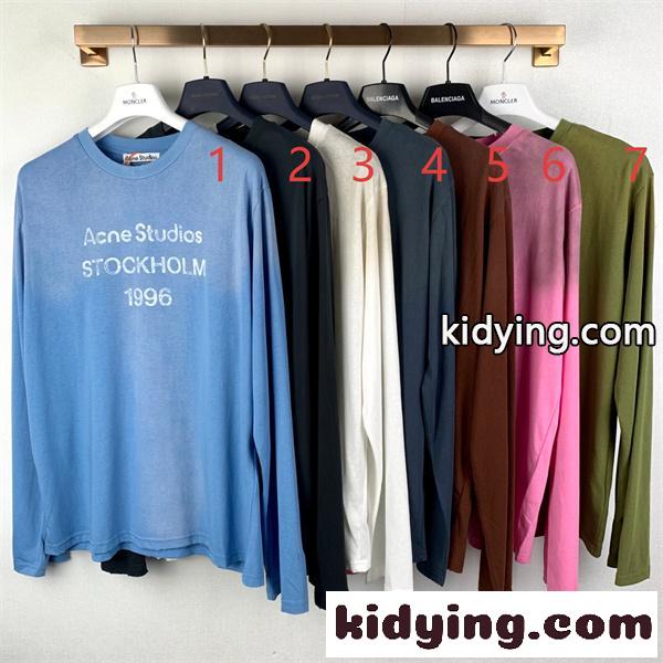 マルチカラー ブルー ロングスリーブTシャツ Acne Studios アクネ ストゥディオズ コピー フロントロゴプリント 丸首 リラックスフィット-0