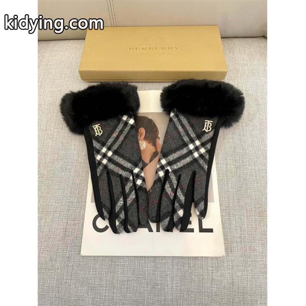 注目小物 防寒重視 グレー チェック グローブ ファートリム 上品 BURBERRY バーバリー コピー-1