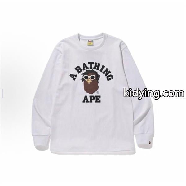 BAPE スーパーコピー 秋冬ストリートクール 定番 ホワイト メガネ猿人 ロゴ 長袖 T シャツ ベイプ-1