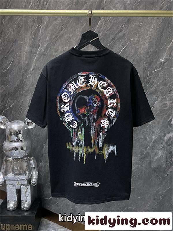 ブラック ホワイト 半袖Tシャツ Chrome Hearts クロムハーツ コピー 胸元サークルプリント カラーロゴ 丸首 カジュアルトップス-2