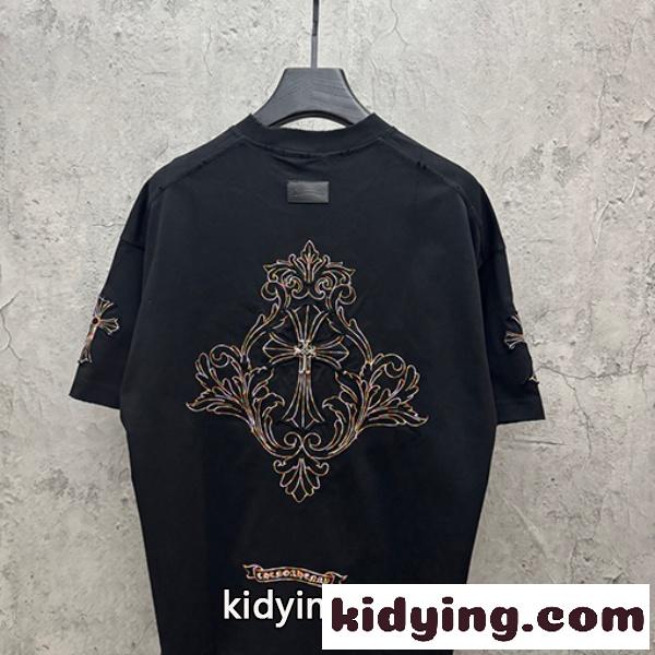 CHROME HEARTS クロムハーツ 2026新作 メンズ 半袖Tシャツ クロスフローラル 刺繍 グラフィック オーバーサイズ 高街風-1