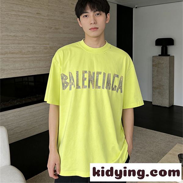 ライムイエロー 半袖Tシャツ BALENCIAGA ビッグロゴプリント バレンシアガ コピー オーバーサイズ クルーネック メンズカジュアル-0