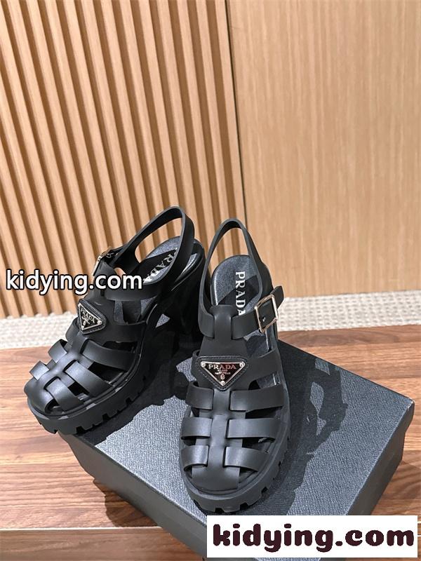 Prada 26ss プラダサンダルコピー 編み上げデザインのローマ厚底サンダル黒色上質9㎝高さ-3