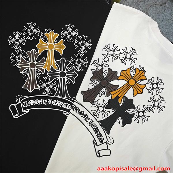 クロムハーツ コピー 半袖Tシャツ Chrome Hearts クロスフラワー ロゴプリント ホワイト ブラック バックデザイン クルーネック カジュアル ストリート-5